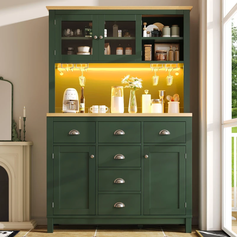 Farmhouse Style Sideboard with Spacious Shelves and Drawers, Versatile Storage Cabinet with Drink Holders, 104L x 40W x 180H cm, Green