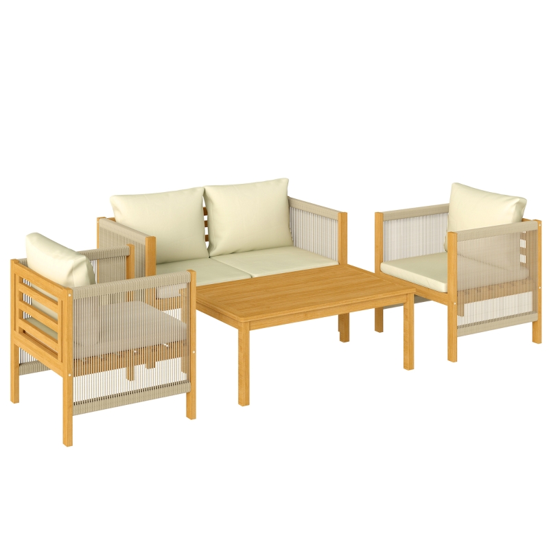 Outsunny Gartenmöbel Set Holz Sitzgruppe für 4 Personen mit 2er Sofa 2 Sessel Tisch Seilflecht Lamellendesign waschbar Kissen