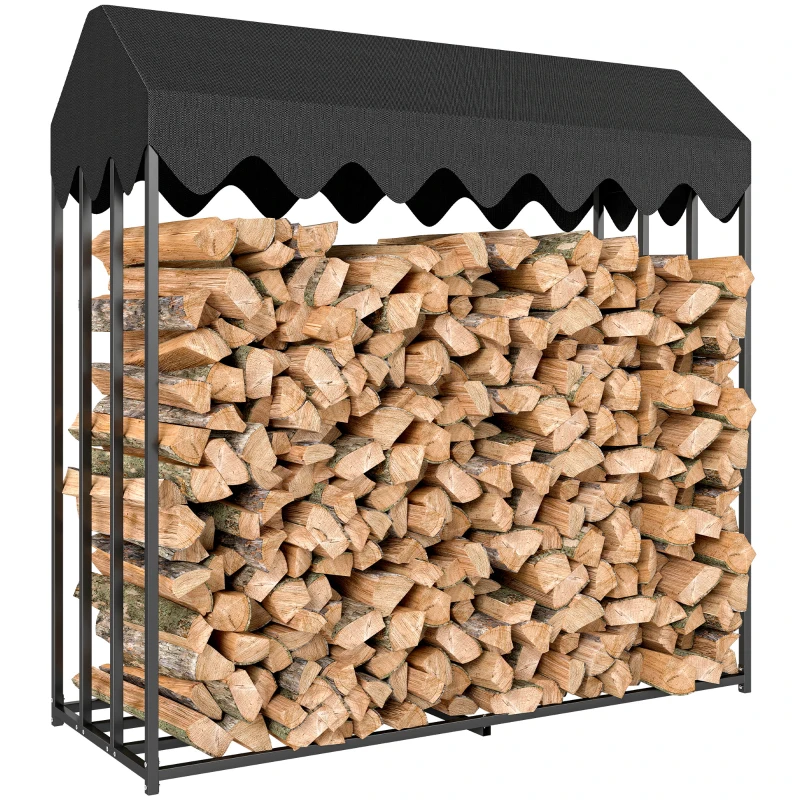 Outsunny Leñero Exterior Metálico de Chimenea Soporte para Leña con Cubierta Impermeable 186x70x185 cm Negro