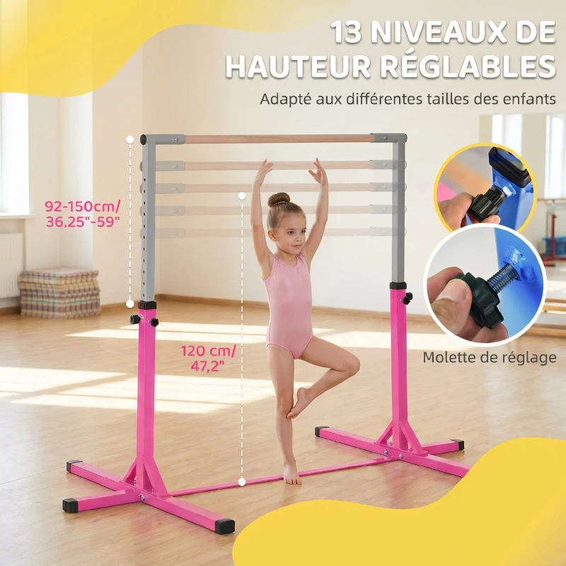 HOMCOM Barre fixe de gymnastique pour enfant, hauteur réglable 13 niveaux de 92-150 cm, en acier et bois en hêtre, barre de gym d'entrainement à domicile, antidérapant, facile à assembler, rose