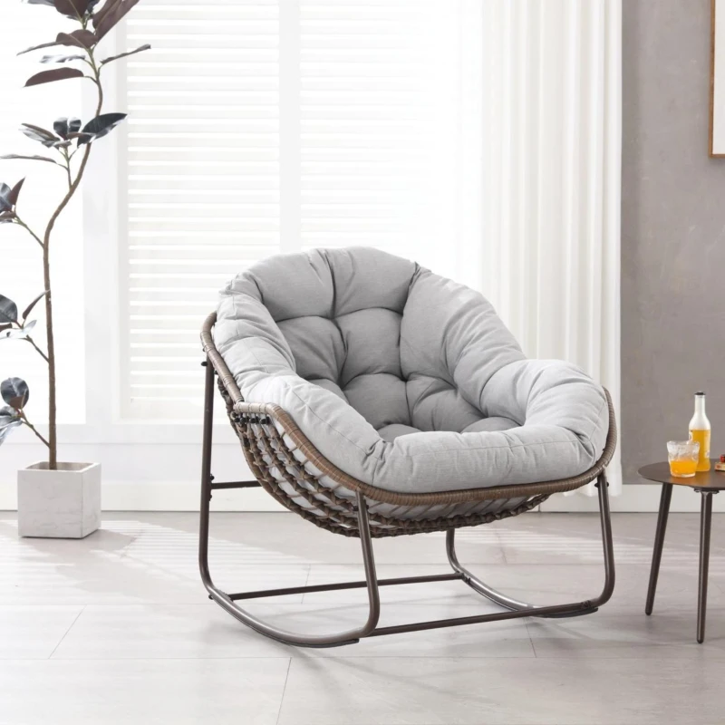 Schaukel-Eiersessel mit dickem Sitzkissen, Indoor & Outdoor Comfy Rocker Chair, 111x94.5x80 cm, Hellgrau