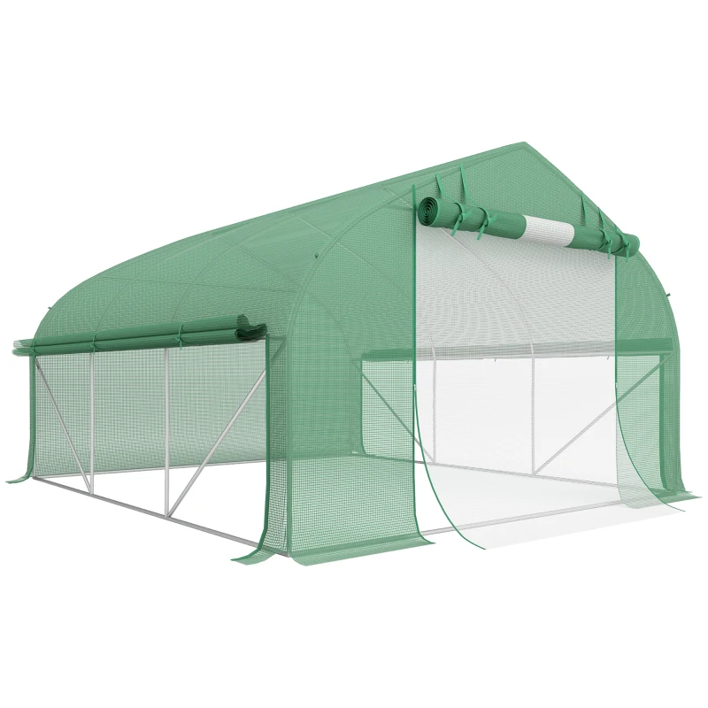 Outsunny Serre de jardin tunnel 10,4 m² serre de jardin anti-UV porte zippée enroulable fenêtres maille 350 x 300 x 200 cm vert