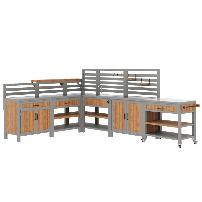 Outdoor BBQ Side Table with Stainless Steel Worktop, Mobile Garden Cabinet with Lockable Castors, 404L x 134.5W x 148.5H cm, Natural