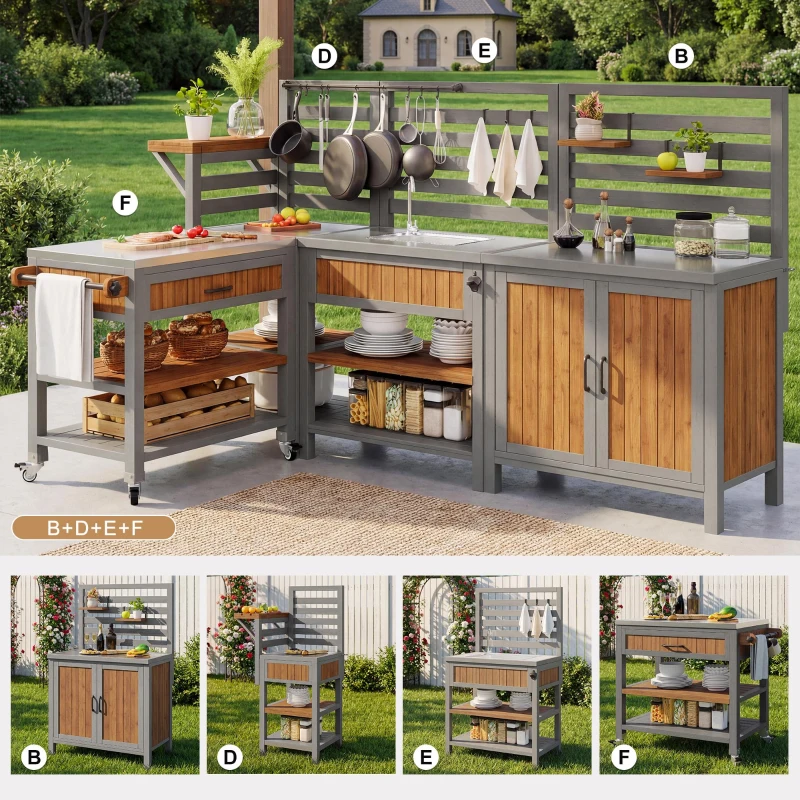 Outdoor BBQ Side Table with Stainless Steel Worktop, Mobile Garden Cabinet with Lockable Castors, 404L x 134.5W x 148.5H cm, Natural