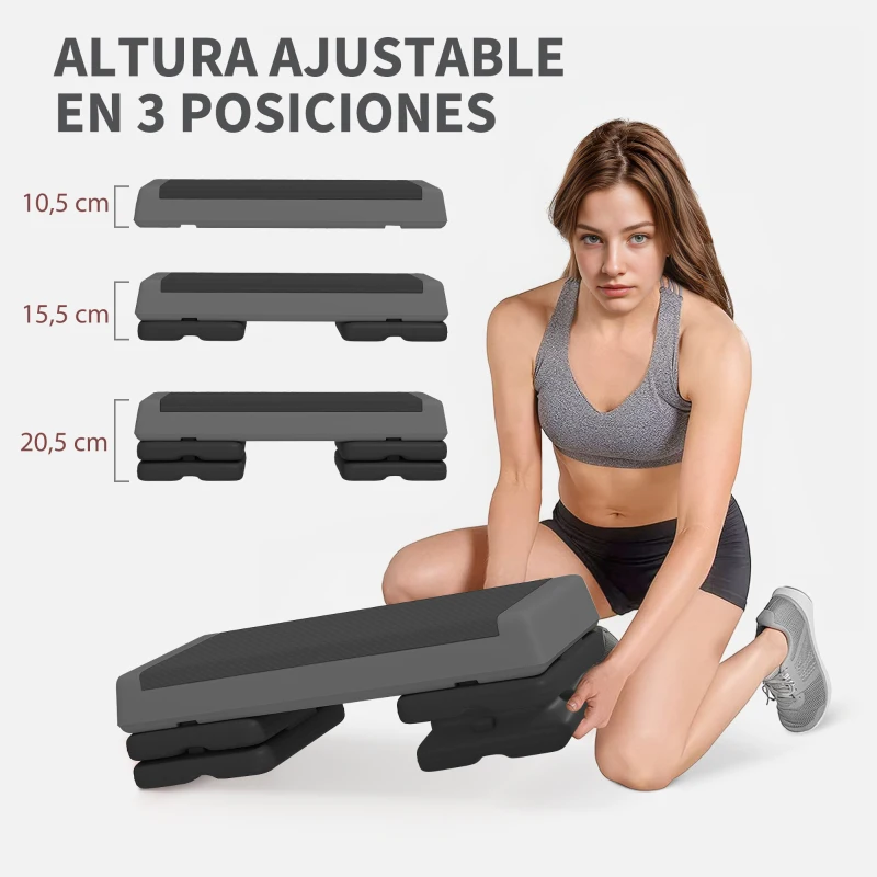 SPORTNOW Step de Aeróbic Step para Fitness Antideslizante Altura Regulable 3 Niveles 77x36x20,5cm Gris y Negro