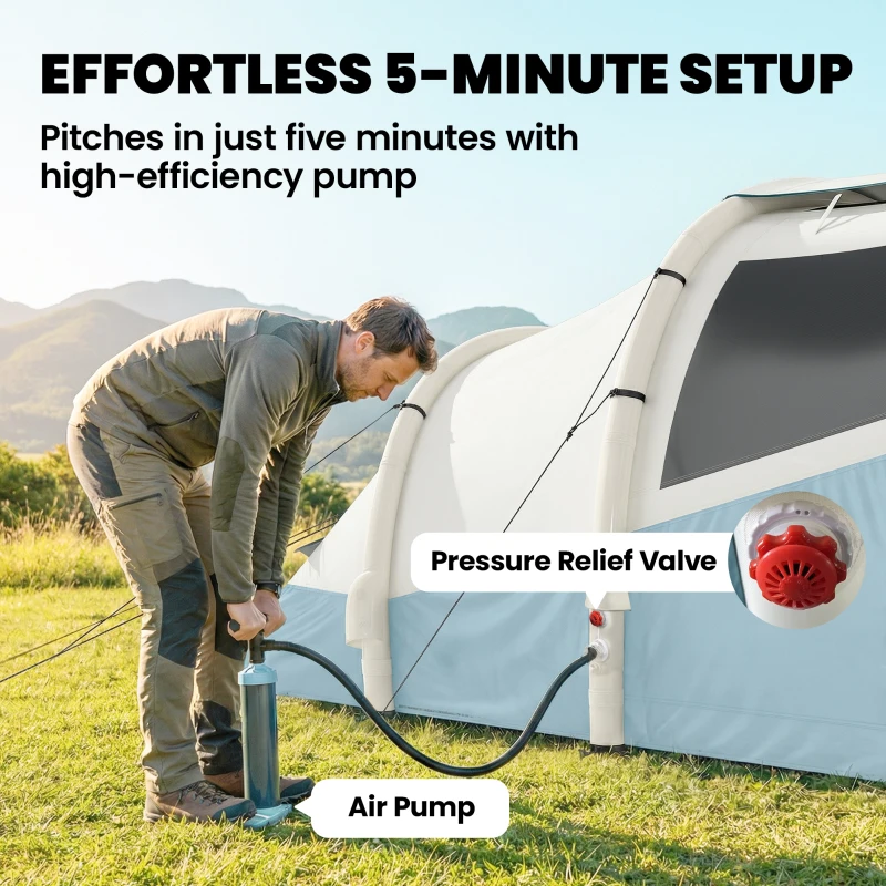 Outsunny Inflatable Camping Tent w/ Air Pump, Easy Setup 2-3 Person Blow Up Tent, Light Blue