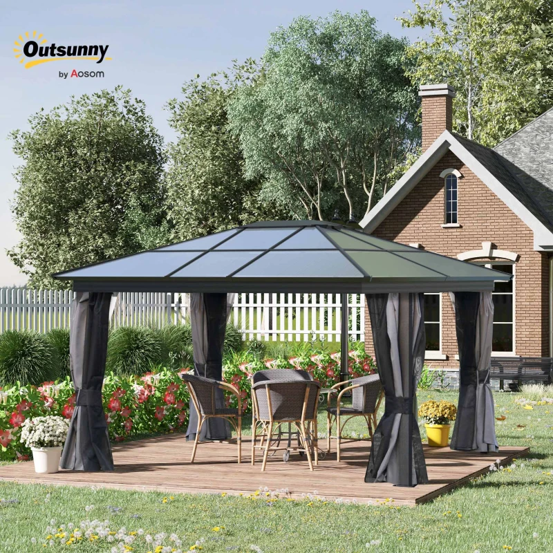 Outsunny 3.6 x 4m Hardtop Gazebo Canopy with Polycarbonate Roof, Aluminium Frame, Permanent Pavilion Garden Gazebo with Netting and Curtains for Patio, Deck, Dark Grey