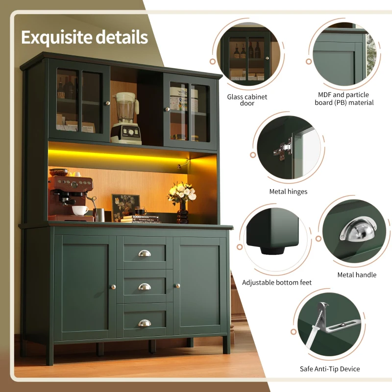 Smart Storage Cabinet with 4 Doors & 3 Drawers, Tall Sideboard with App-Controlled USB LED Lighting, 120L x 40W x 179H cm, Green