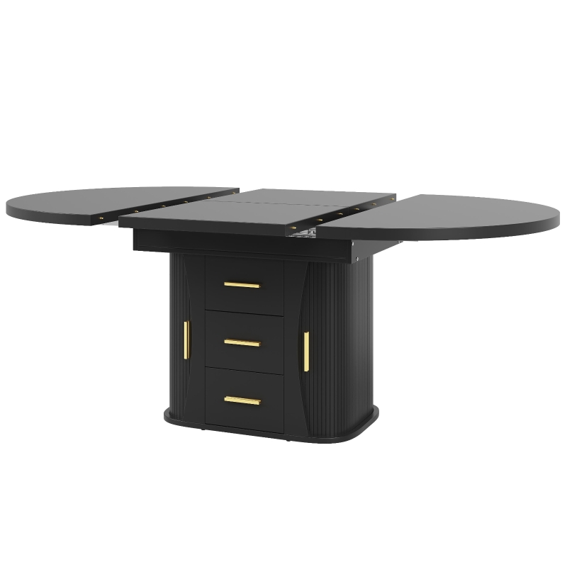 Extendable Dining Table with 3-Tier Hidden Storage and Oval Extension, Round Kitchen Table for 6 People, 118-158L x 118W x 77H cm, Black