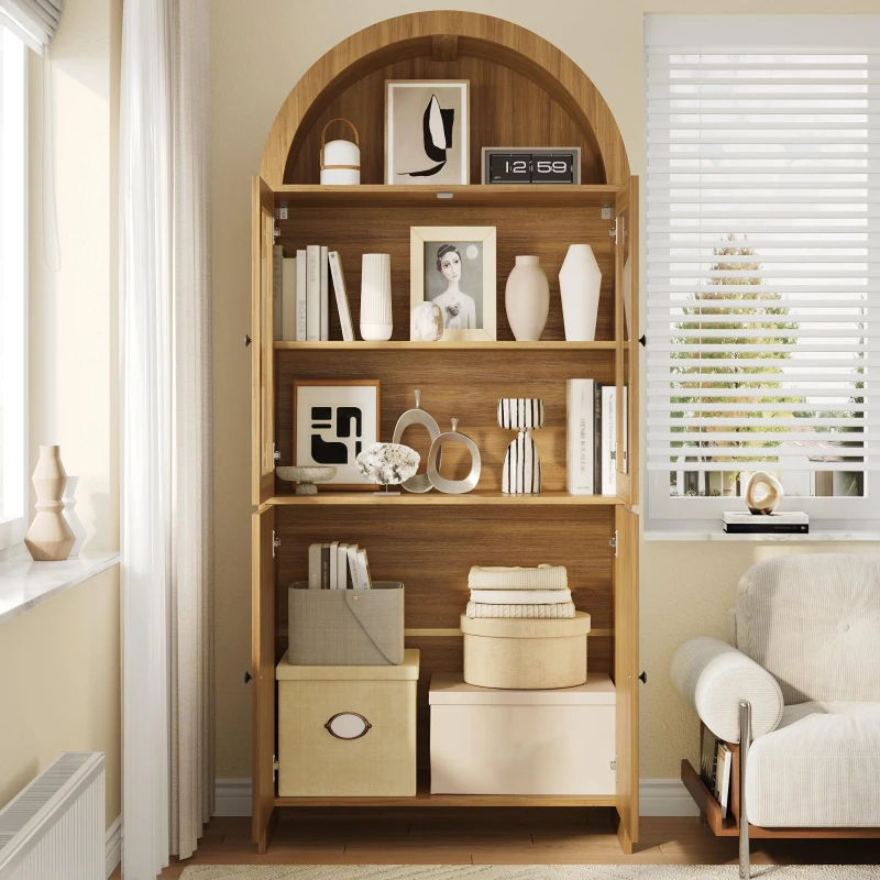 Hohes Sideboard mit Bogendecke, Glasvitrinentüren, Wellenmuster, 78 x 40 x 176 cm, Naturfarbe