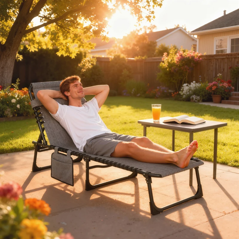 Outsunny Chaise longue pliable bain de soleil dossier inclinable 5 niveaux têtière amovible 189 x 58 x 30 cm gris