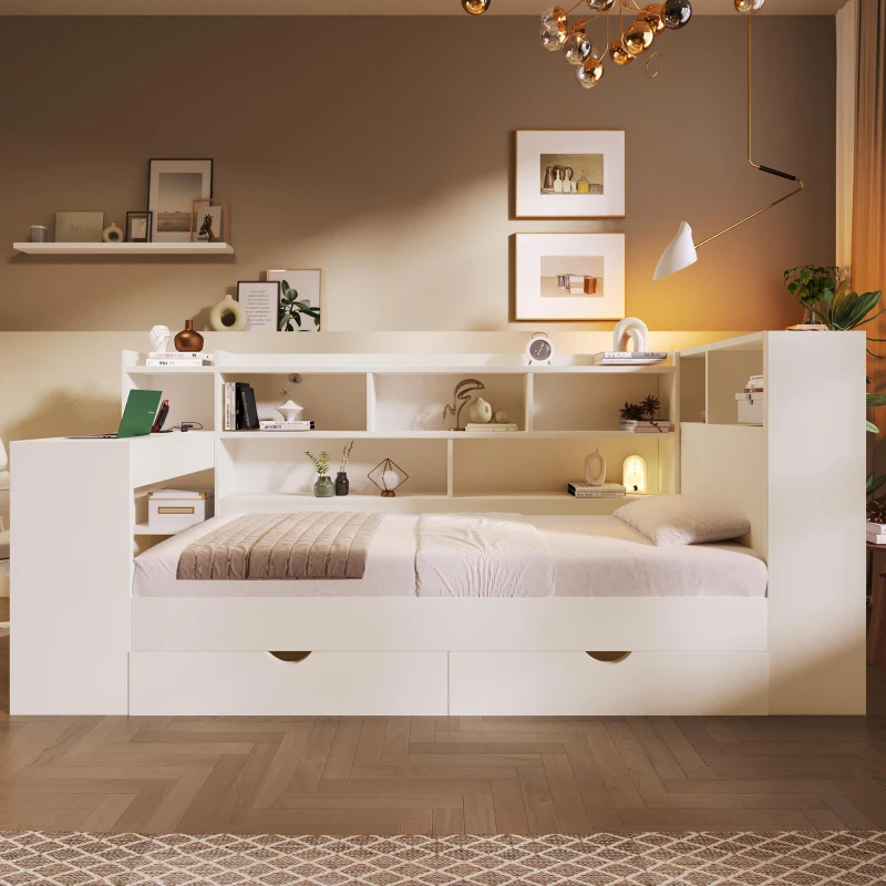 Multi-Functional Single Daybed with Bookcase & Computer Desk, Space-Saving Bed Frame with Ergonomic Desk, 63L x 114W x 100H cm, White