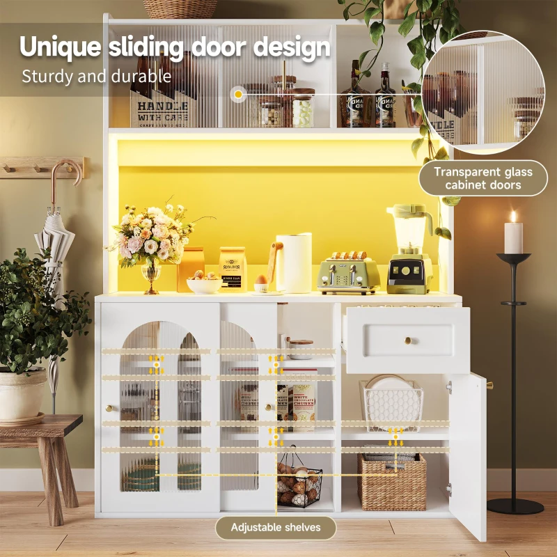Stylish Kitchen Cabinet with App-Controlled LED and Music-Sync Lighting, Tall Buffet Sideboard for Living Area, 120L x 35W x 167H cm, White