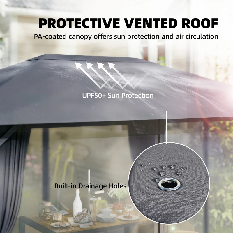 Outsunny Altana ok. 4x3m Wodoodporna Stabilna Zimowa Altana z Moskitierą, 4 ścianami, wentylacją i otworami odpływowymi