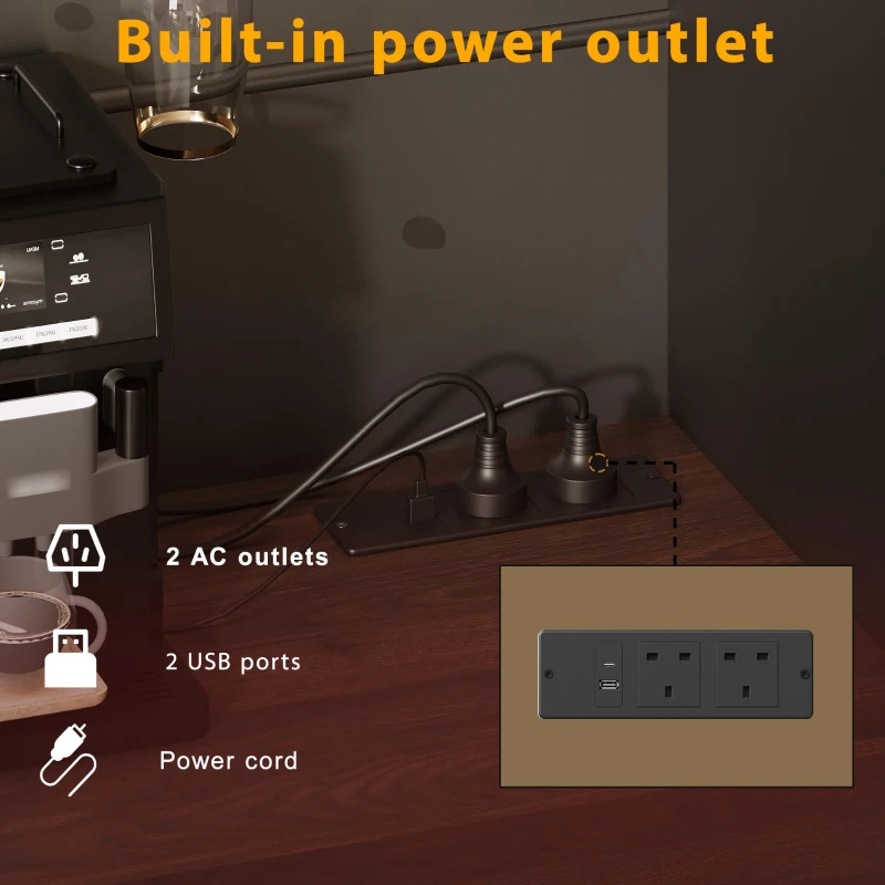 Tall Kitchen Cabinet with Integrated Power Strip and Wine Glass Rack, Stylish Sideboard with Cable Management, 120L x 40W x 170H cm, Black