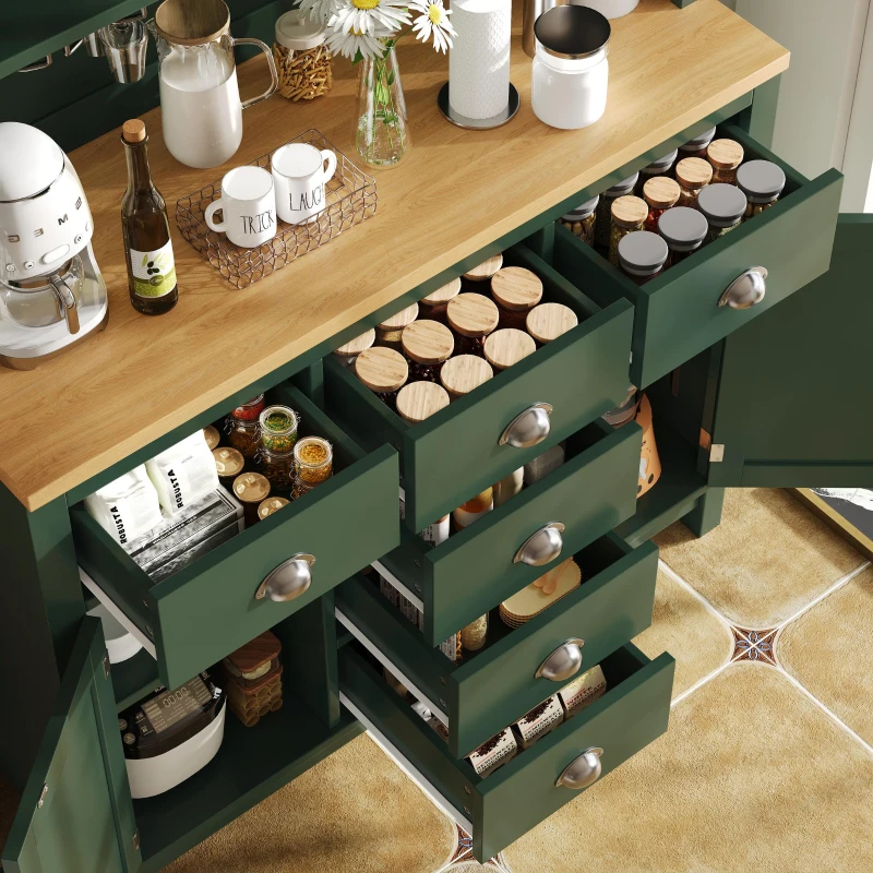 Farmhouse Style Sideboard with Spacious Shelves and Drawers, Versatile Storage Cabinet with Drink Holders, 104L x 40W x 180H cm, Green