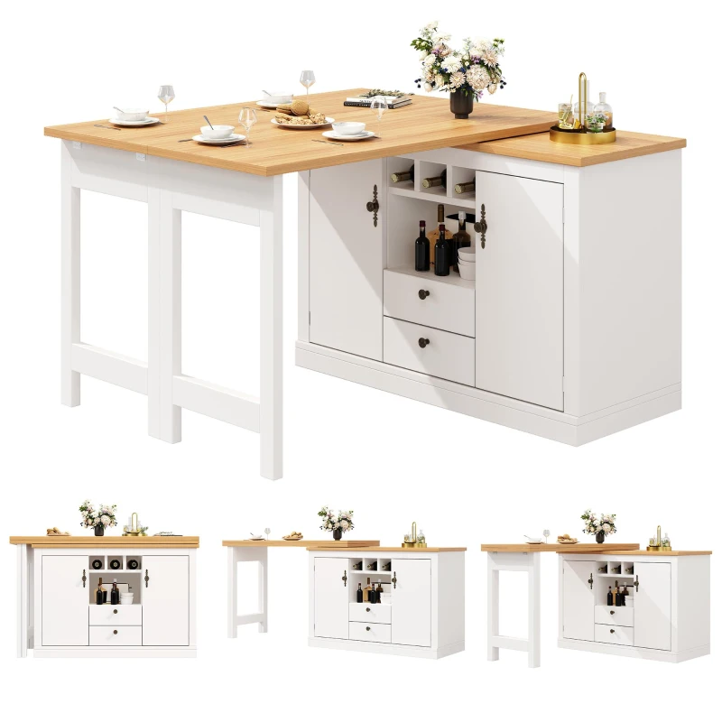 Extendable Bar Table with Smart Pull-Out System, Multifunctional Sideboard with Adjustable Compartments, 120-180L x 40W x 76H cm, White