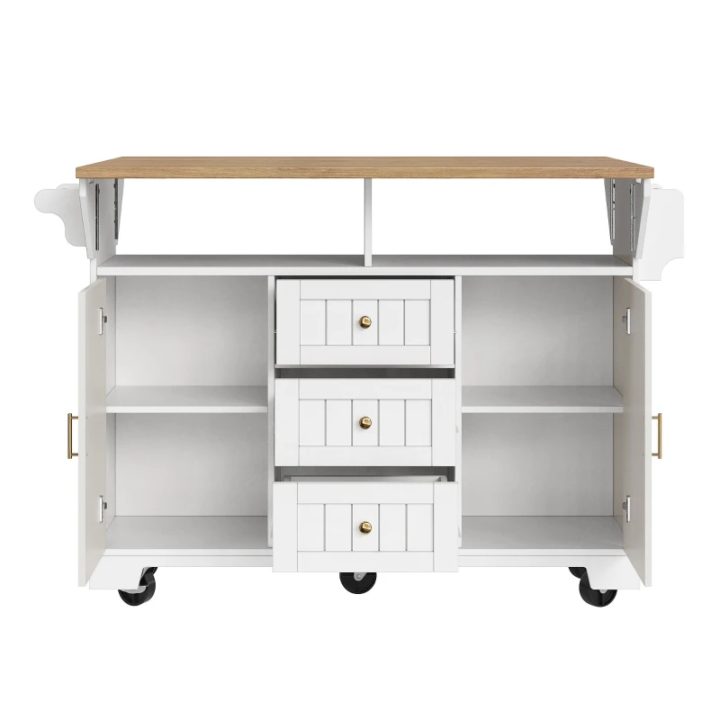 Extendable Kitchen Island with 3 Drawers, 2 Doors & Adjustable Shelves, Versatile Trolley for Prep and Dining, 120L x 40-80W x 95H cm, White