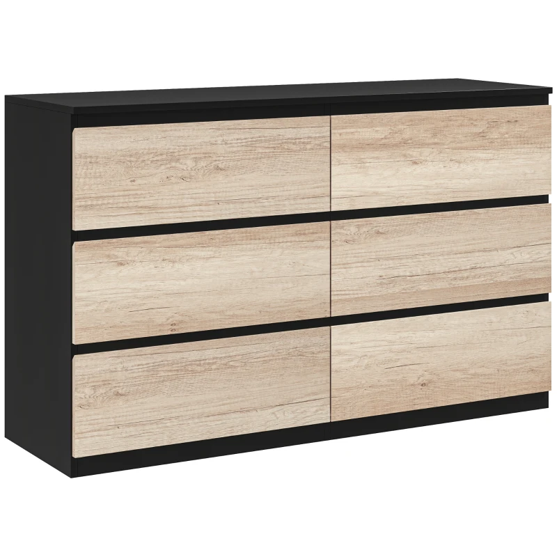 HOMCOM Commode 6 tiroirs meuble de rangement sans poignées design minimaliste 120 x 39 x 75 cm noir et bois naturel