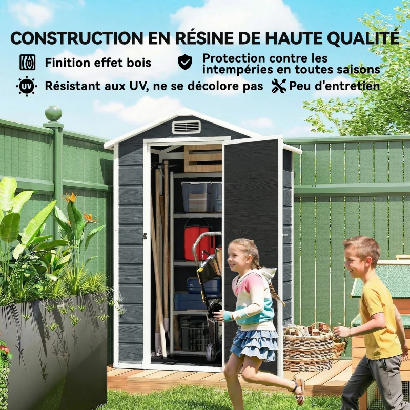 Outsunny Abri de jardin en plastique avec plancher porte verrouillable fenêtre et ventilation  128 x 104 x196 cm gris