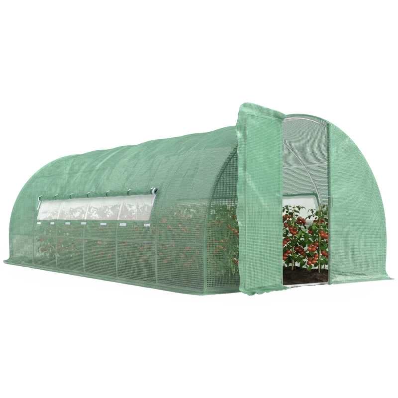 Outsunny Large Polytunnel Walk In Greenhouse, Plant Gardening Tunnel Green House with Metal Hinged Door, Galvanised Steel Frame & Mesh Windows, Green (3 x 6 m)
