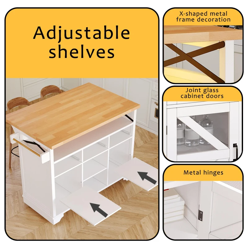 Multifunctional Kitchen Cart with 3 Drawers and 2 Glass-Front Doors, Mobile Kitchen Island with Drop-Leaf Table, 120L x 71W x 98H cm, White