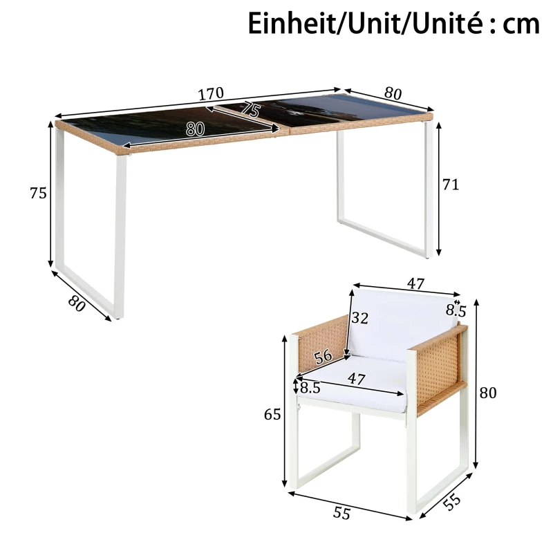 Set da pranzo in polyrattan per 6 persone, piano in vetro temperato, rivestimenti sfoderabili e lavabili, Marrone+Bianco