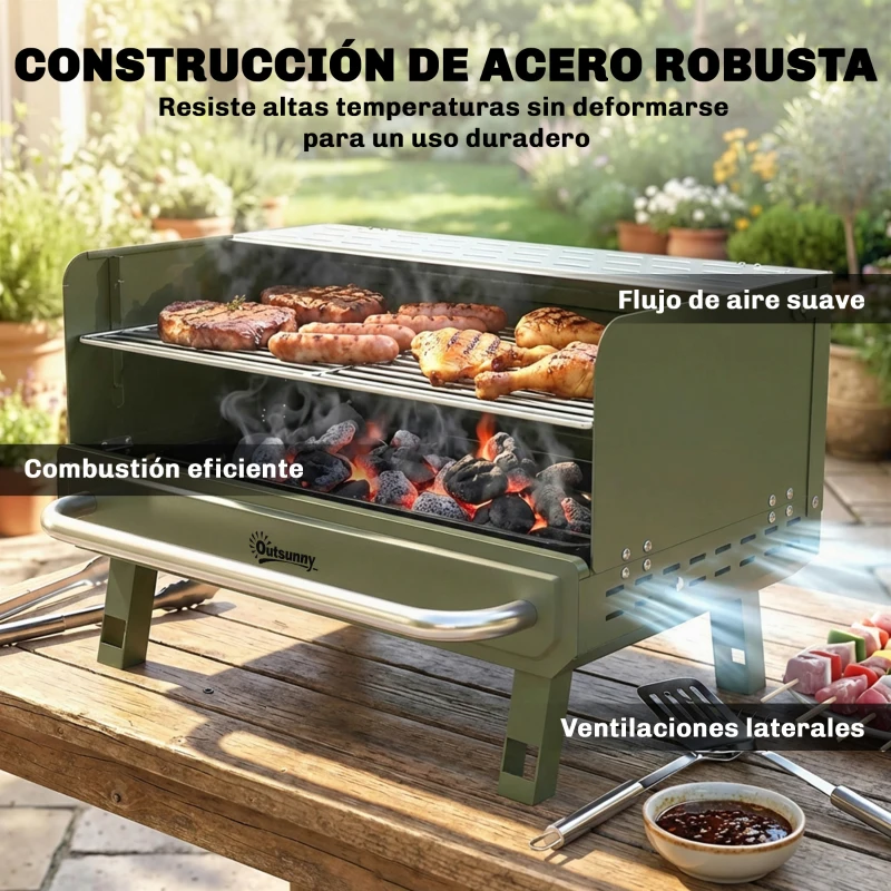 Outsunny Barbacoa de Carbón Plegable 52x37x31,8 cm con Rejilla Ajustable Estante Lateral Plegable y Bandeja Extraíble Verde