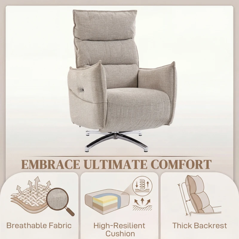 HOMCOM Draaibare Elektrische Relaxstoel voor Volwassenen, Stoel in Linnenlook met Oplaadpoorten, Beige
