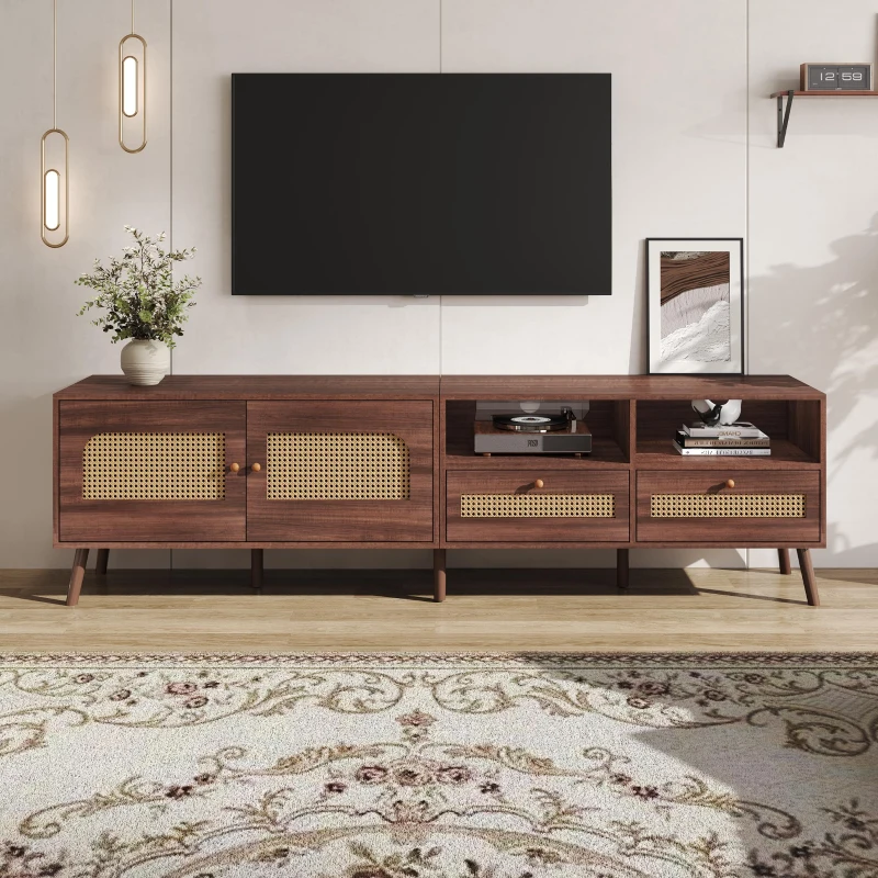 Modern TV Entertainment Centre with 2 Drawers & 2 Cabinets, Sturdy Media Cabinet for Living Rooms, 200L x 37W x 49.5H cm, Wood