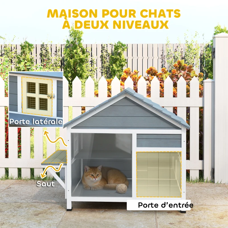 PawHut Maison pour Chat Extérieur Toit Ouvrant Fenêtre Panoramique Porte à Lamelles et Plateforme de Repos 101x72,5x81cm Gris