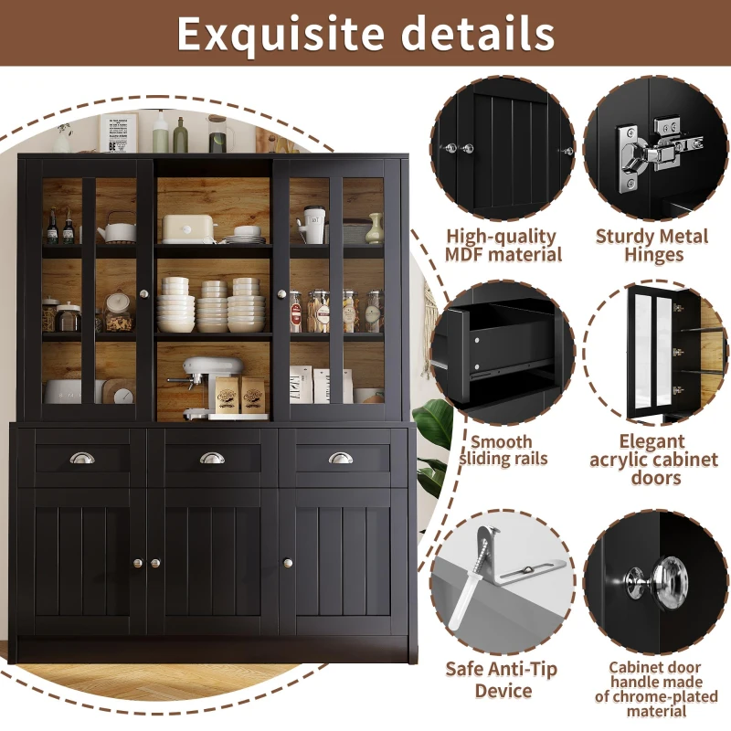 Freestanding Display Cabinet with Adjustable Shelves & Soft-Close Hinges, Tall Sideboard for Living Area, 140L x 38.5W x 175H cm, Black