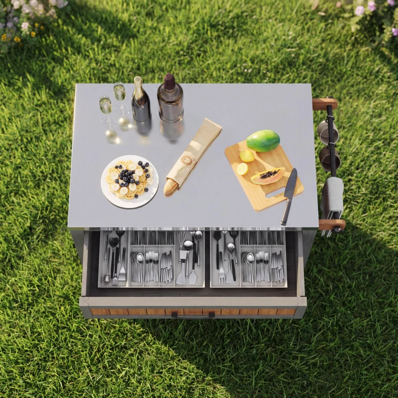 Mobile Wood Tool Cabinet with Stainless Steel Worktop, Weatherproof Barbecue Station for Outdoor Use, 80L x 51W x 91.5H cm, Natural