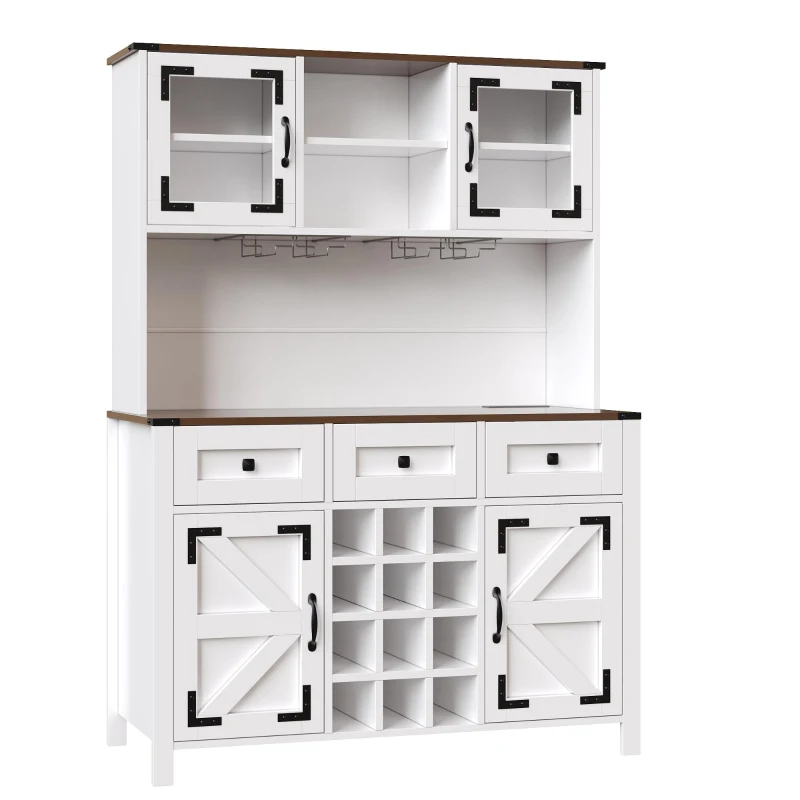 Tall Kitchen Cabinet with Integrated 2 AC + 2 USB Power Strip, Modern Sideboard with 4 Doors & 3 Drawers, 120L x 40W x 170H cm, White