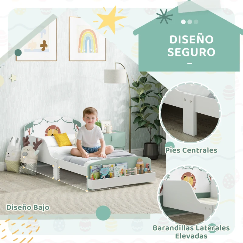 AIYAPLAY Cama infantil para Niños de +3 Años 70x140 cm de Madera con Almacenaje y Dibujo de León para Dormitorio Verde