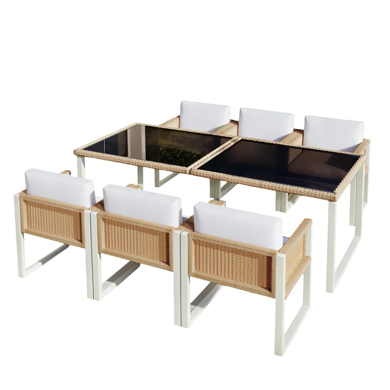 Set da pranzo in polyrattan per 6 persone, piano in vetro temperato, rivestimenti sfoderabili e lavabili, Marrone+Bianco