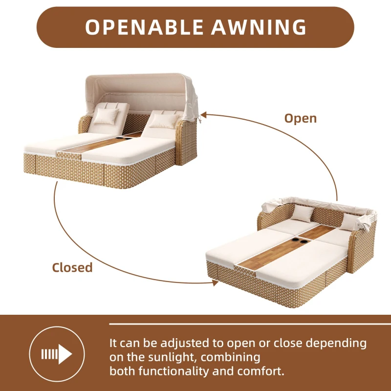 Outdoor Wicker Double Chaise Lounge with Openable Adjustable Canopy, Modern Garden Furniture Set for Patio, 160L x 192W x 137H cm, Beige