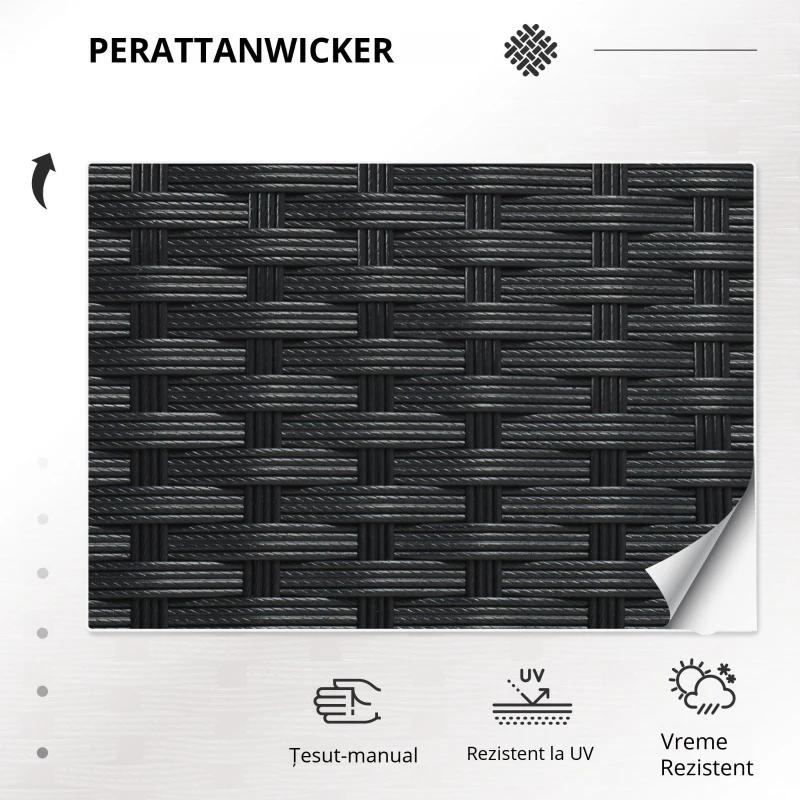 Outsunny Set Mobilier de Exterior din Ratan PE cu Canapea de 2 Locuri, 2 Fotolii cu Perne și Măsuță din Sticlă, Negru