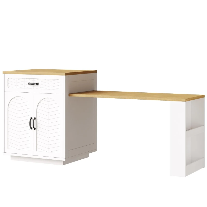 Extendable Kitchen Island with Built-In Wine Rack, Multifunctional Storage Cabinet with Dining Table, 141-193.5L x 70W x 101.5H cm, White