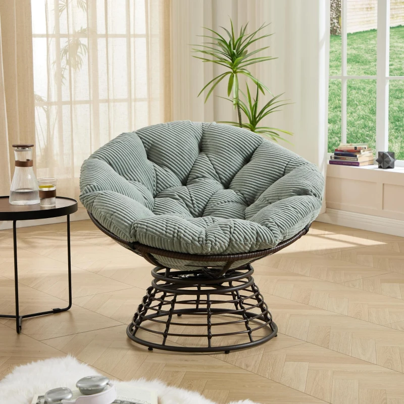 Poltrona Papasan, girevole a 360°, cuscino spesso(tessuto a coste), struttura in acciaio, 92x92x67 cm, Verde chiaro