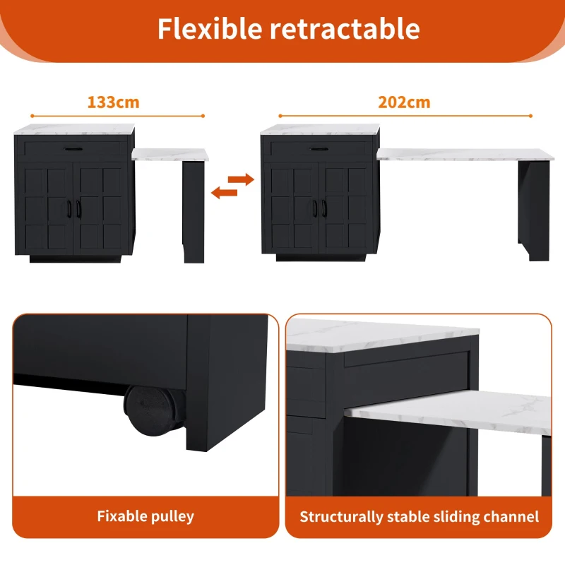 Extendable Bar Table with 2 Drawers and 4 Compartments, Expandable Kitchen Island for 2–6 People, 133-202L x 70W x 93.5H cm, Black