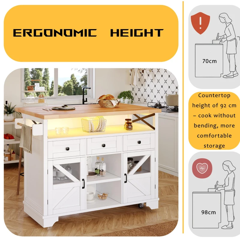 Multifunctional Kitchen Cart with 3 Drawers and 2 Glass-Front Doors, Mobile Kitchen Island with Drop-Leaf Table, 120L x 71W x 98H cm, White