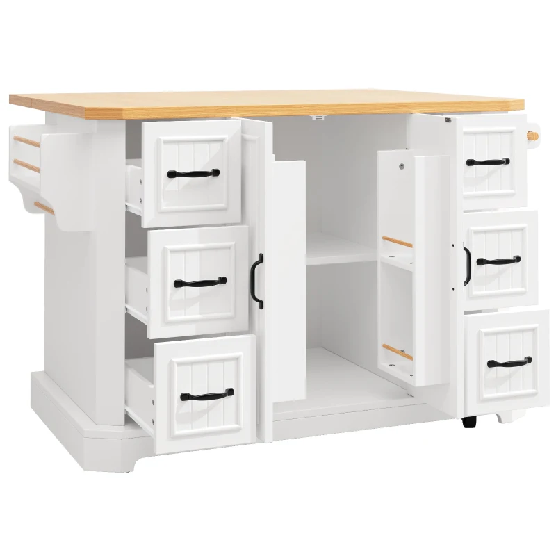 Mobile Kitchen Island with 2 Doors, 6 Drawers and Wood-Effect Worktop, Rolling Cart for Compact Dining Areas, 120L x 45W x 91H cm, White