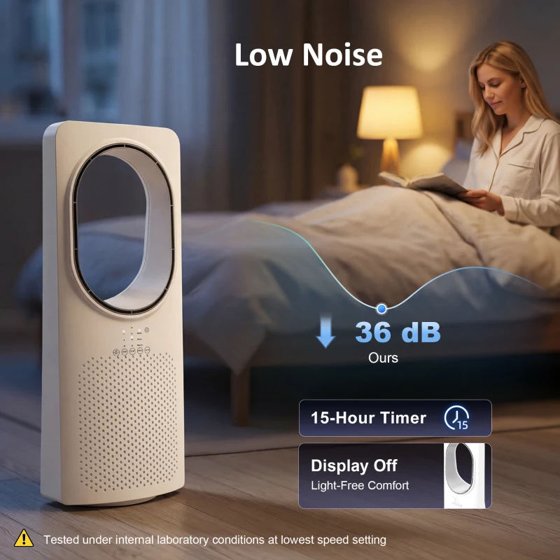 HOMCOM Bladeless Tower Fan for Bedroom, 36dB Standing Cooling Fan with Oscillating, 3 Speeds, 3 Modes, 15H Timer, White