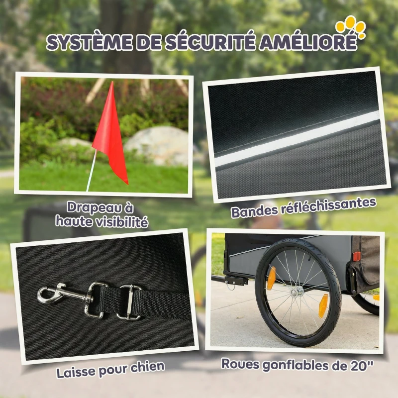 PawHut Remorque Vélo Chien avec Pneus 20", Attache Universelle, Réflecteurs, Drapeau, Laisse, 139x72x88cm, Gris et Noir