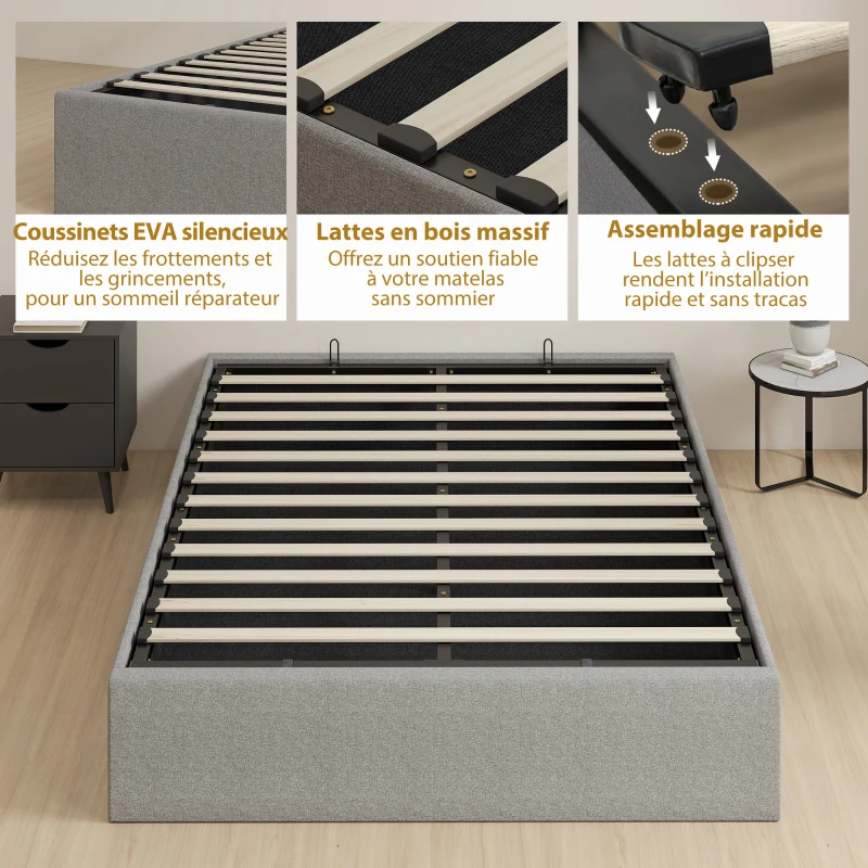 HOMCOM Lit coffre 140 x 190 cm, cadre de lit double rembourré, sommier à lattes en bois, rangement caché, sans bruit, gris