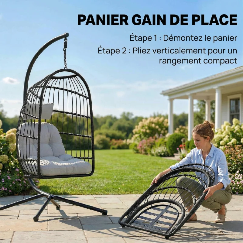 Outsunny Fauteuil Œuf Suspendu Pliable avec Support Coussin 15cm et Appui-tête Gain de Place Résine Tressée 101x105x196cm Gris
