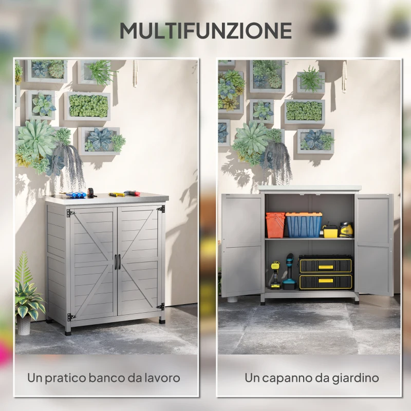 Outsunny Armadio da Esterno con Ripiano e Banco da Lavoro in Legno e Acciaio, 79x43x92 cm, Grigio