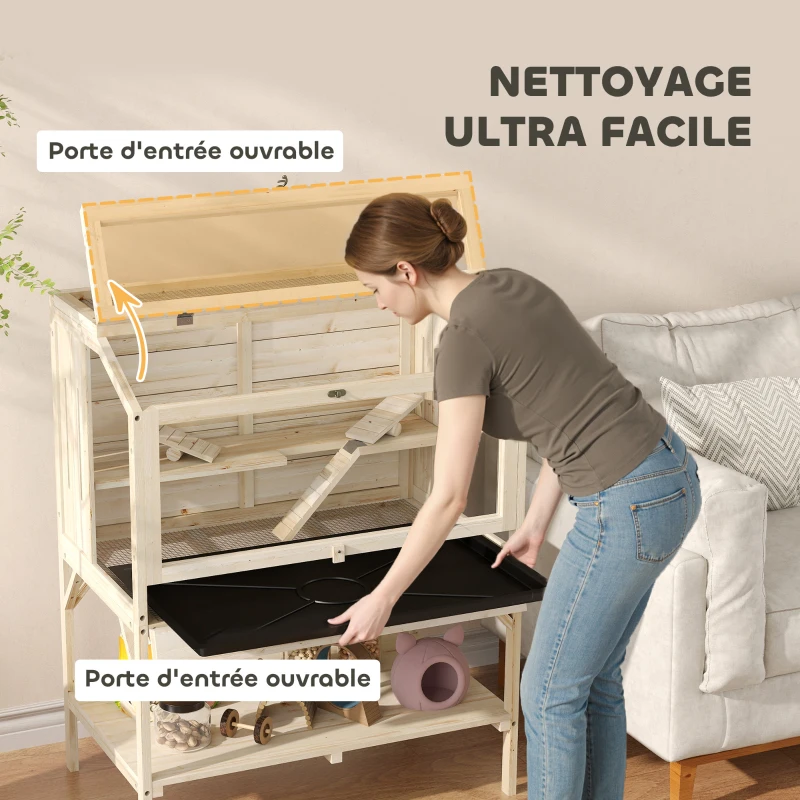 PawHut Cage hamster en bois, cage rongeur à 2 niveaux, étagère de rangement, couvercle ouvrant, 84 x 53 x 110 cm, bois naturel