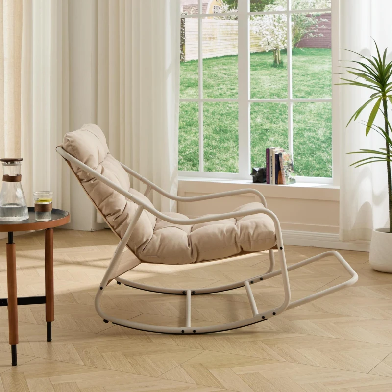 Sedia a dondolo da esterno con cuscino confortevole, per soggiorno, camera da letto, sala lettura, 75x116x82 cm, Beige